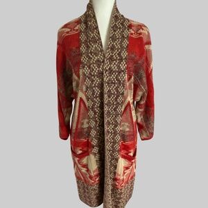 Lucky Brand Red Aztec Southwestern Open Oversized Cotton Blend Cardigan-XS/S